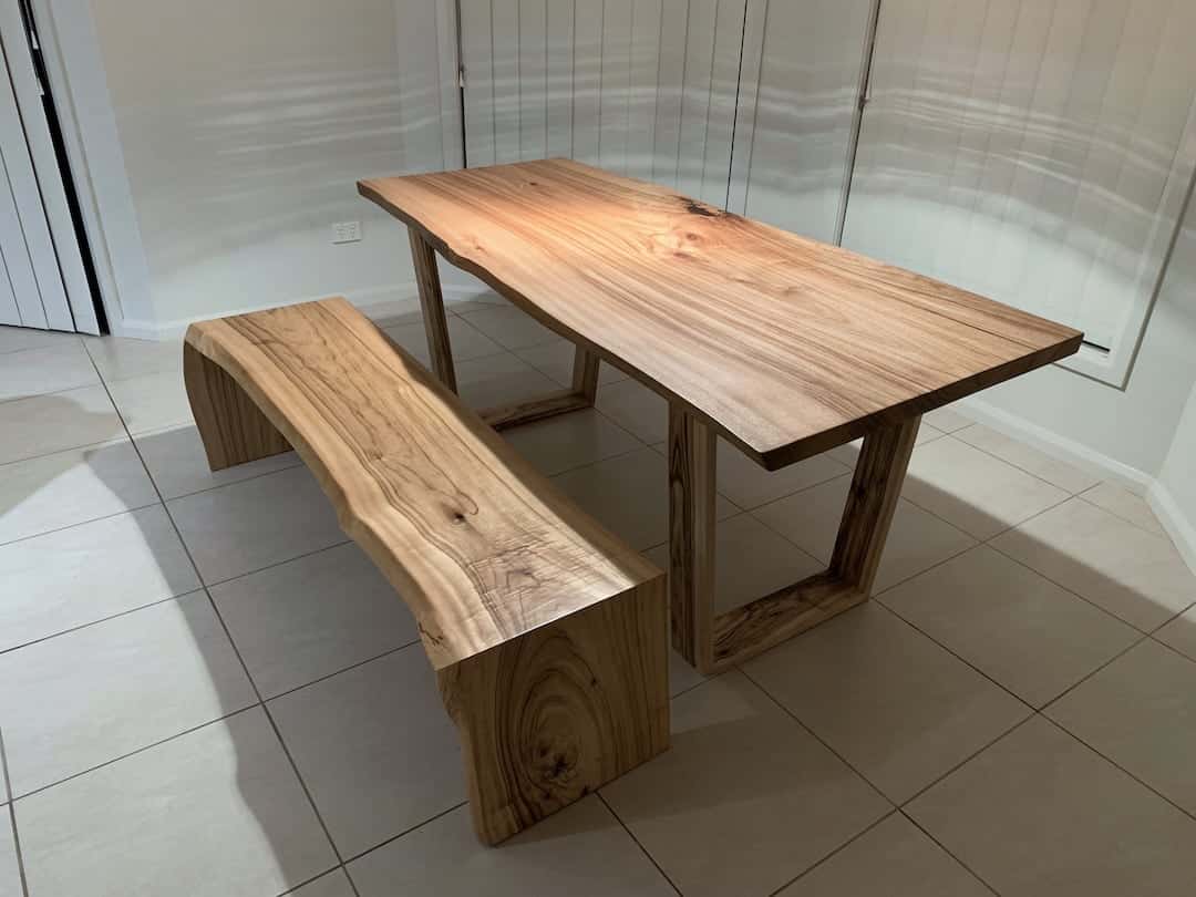 custom-dining-table-bench-view-1 Live edge dining table with live edge bench in the clients dining door