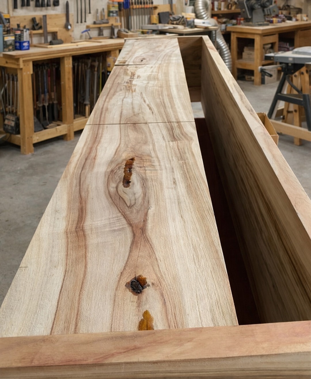 Camphor Laurel custom made tv cabinet in the workshop, progress photo of the build