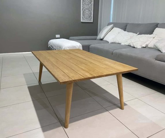 Close up of the custom made shiplap coffee table in the clients living room