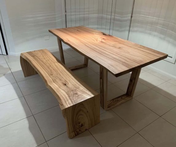 custom-dining-table-bench-view-1 Live edge dining table with live edge bench in the clients dining door