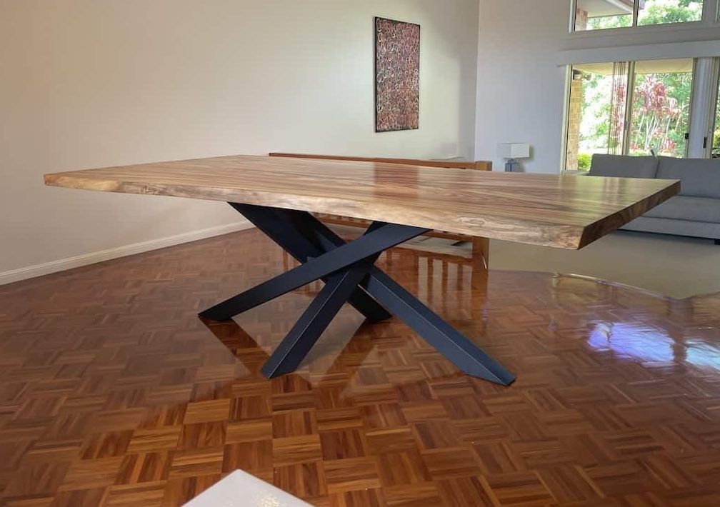 handmade-custom-live-edge-dining-table-view-1 Live edge handmade dining table in client dining room with black steel legs