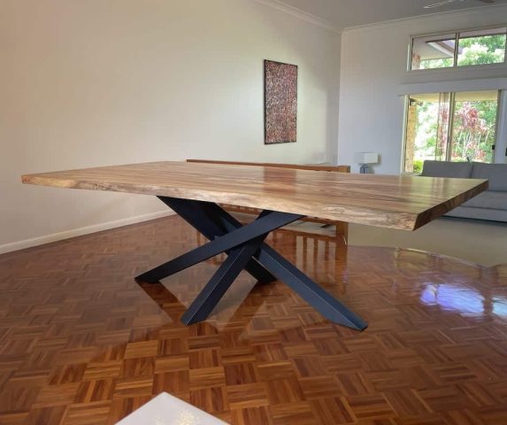 handmade-custom-live-edge-dining-table-view-1 Live edge handmade dining table in client dining room with black steel legs