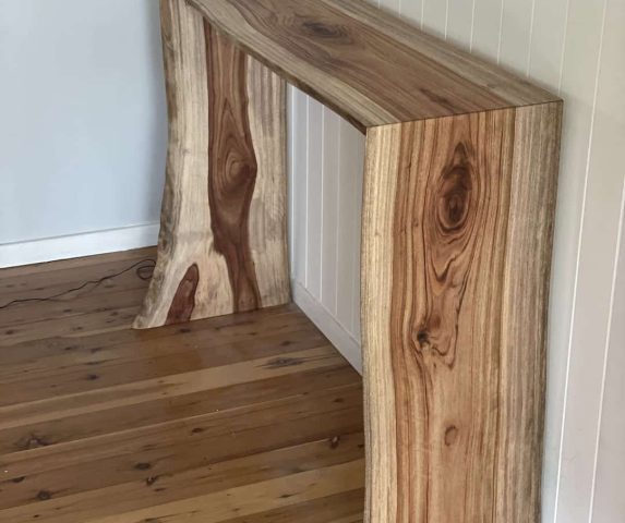 live-edge-coffee-bar-veiw-2 Custom made coffee bar showing top and waterfall leg with flowing wood grain